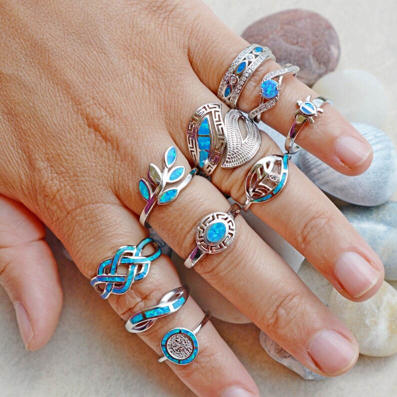 Sterling Silver Opal Ring for Women Blue Opal Ring Opal