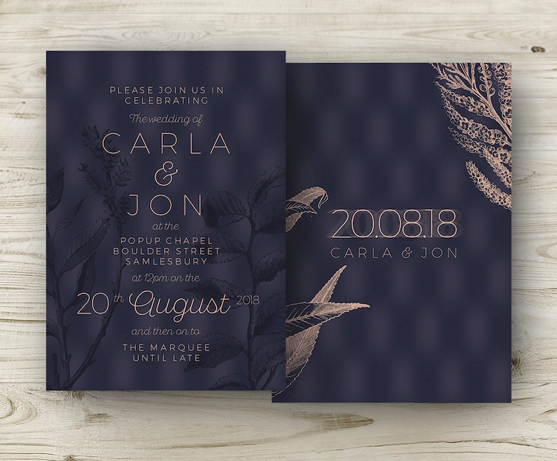 Winter Wedding Invitations Navy Copper Burgundy Rose Elegant