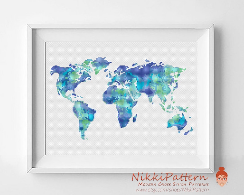 World cross stitch pattern Watercolor cross stitch Map