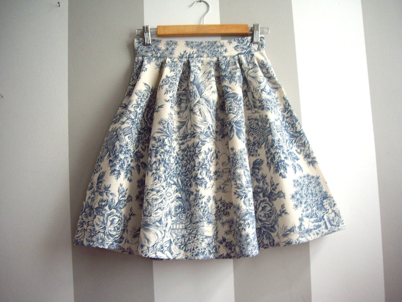 Toile de Jouy Skirt in Blue Cotton Pleated Skirt With Toile
