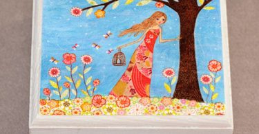 Wooden Jewelry Box Trinket Box Girl with Birdcage Painting