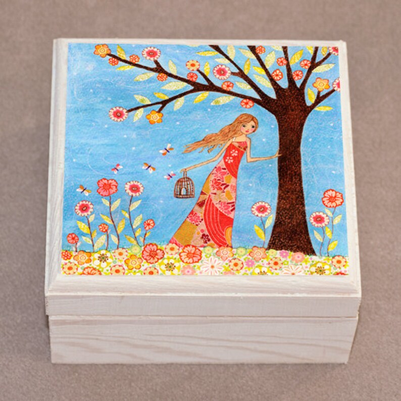 Wooden Jewelry Box Trinket Box Girl with Birdcage Painting
