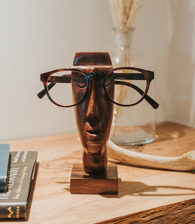 Handcarved Quirky Statue Face Eyeglasses Stand Wooden Statue