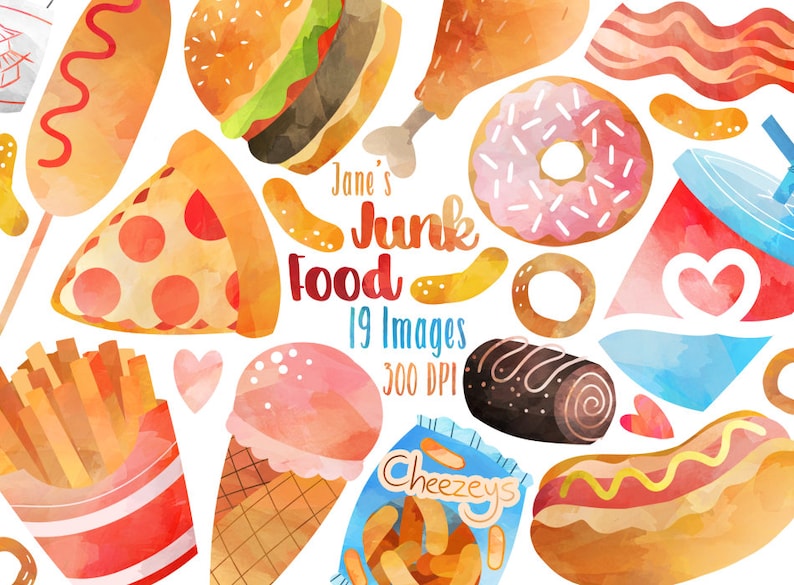 Watercolor Junk Food Clipart  Food Download  Instant