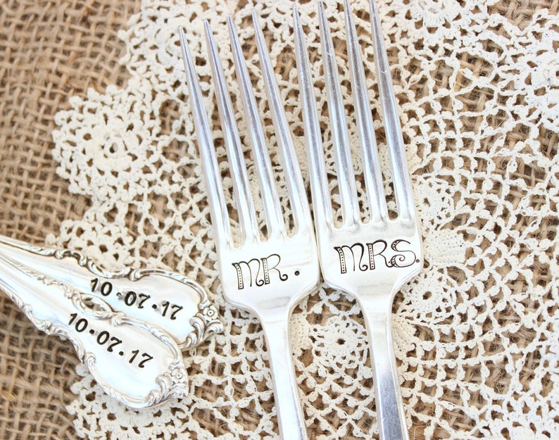 Custom Wedding Day Forks  Hand Stamped  Name Date  Mr. Mrs.