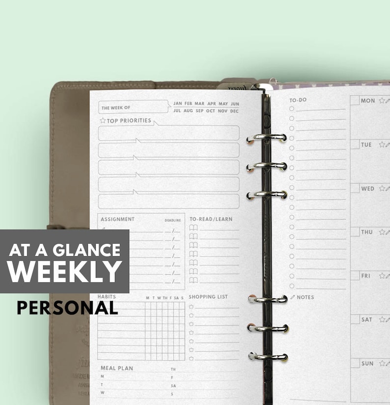 At a Glance Undated Weekly Planner Personal Planner Insert