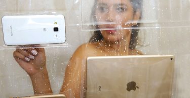 Clear Shower Curtain with Phone & Tablet Pockets