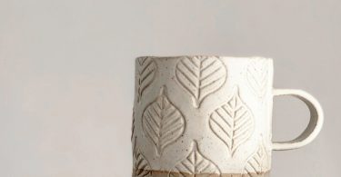 Ceramic mug  stoneware pottery mug  handmade leaf design