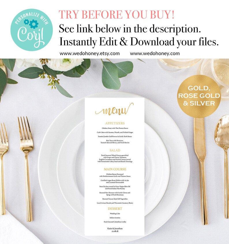 Gold Wedding Menu Cards Menu Cards Wedding DIY  Menu Card
