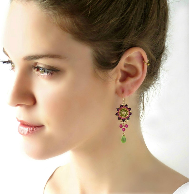Long dangle earrings Swarovski crystal earrings Pink green