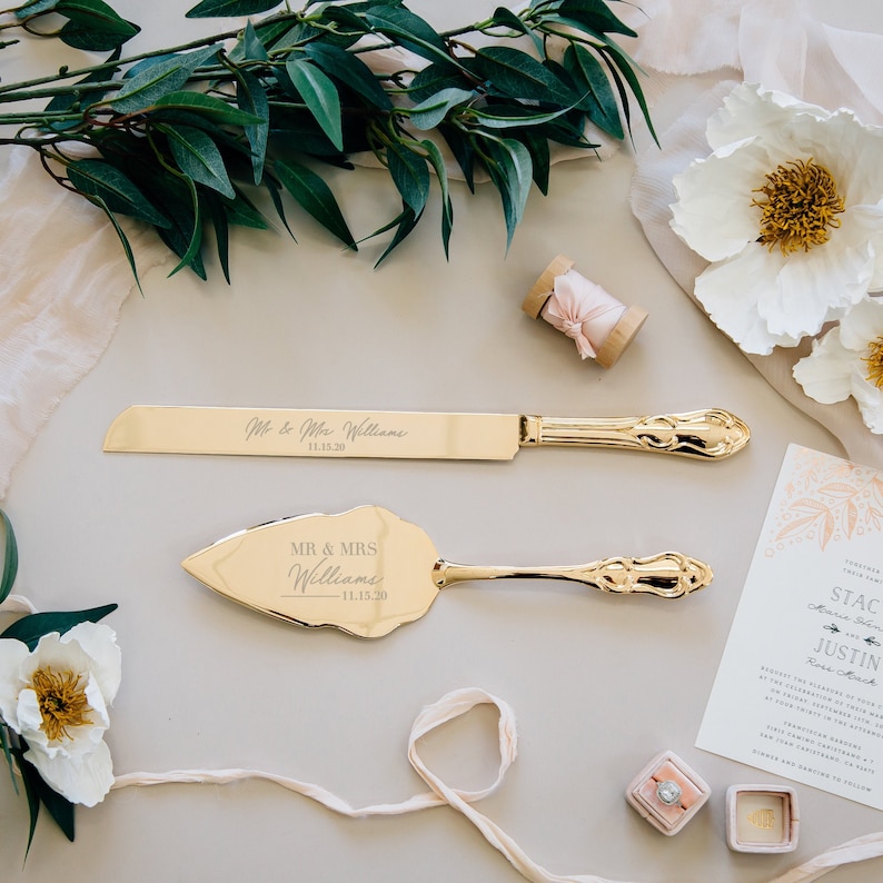 Personalized Gold Wedding Cake Knife and Server Set 2pc