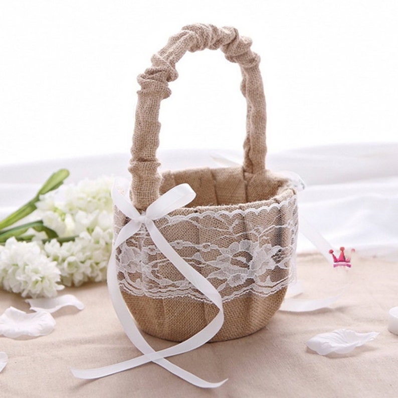 Rustic Flower Girl Basket Hessian Burlap Lace Wedding Basket