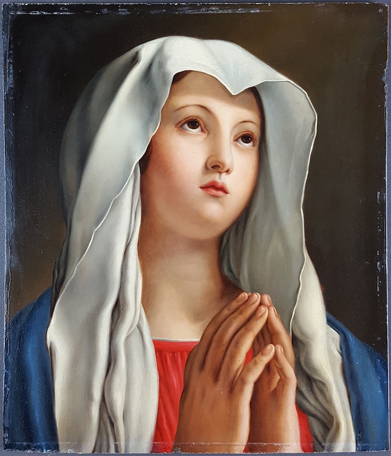 Antique Painting The Virgin Mary Oil Panel