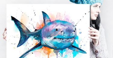 Great white shark watercolor painting print by Slaveika
