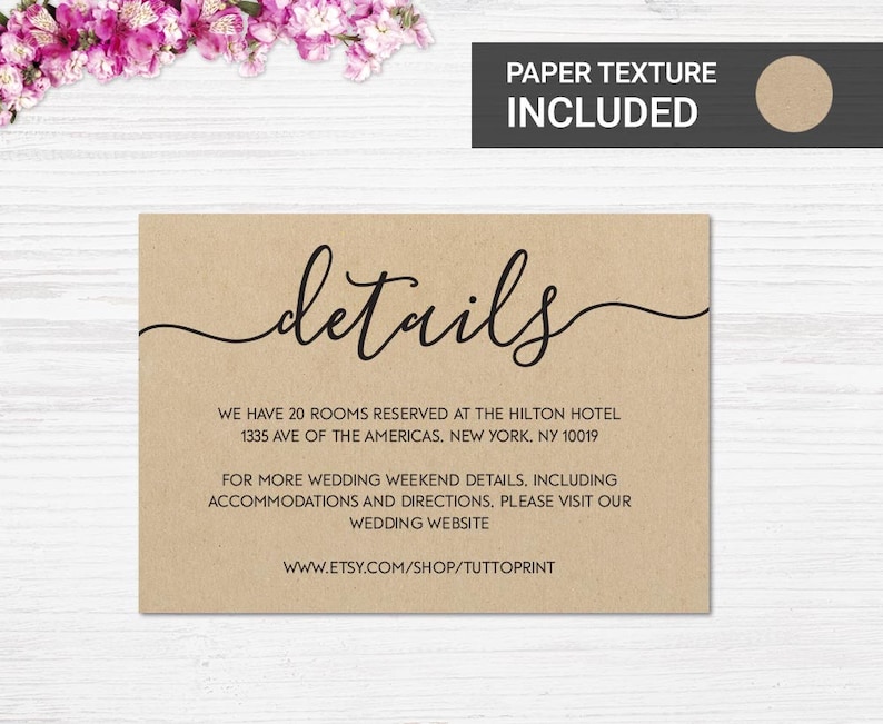 Wedding details card template for rustic wedding Wedding