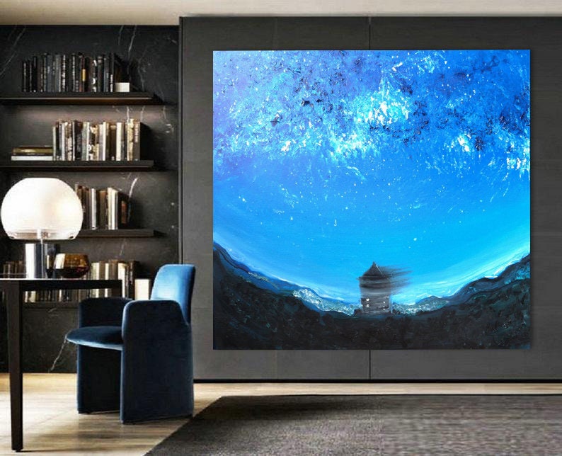 Glow in the dark canvas Navy turquoise white impasto wall art
