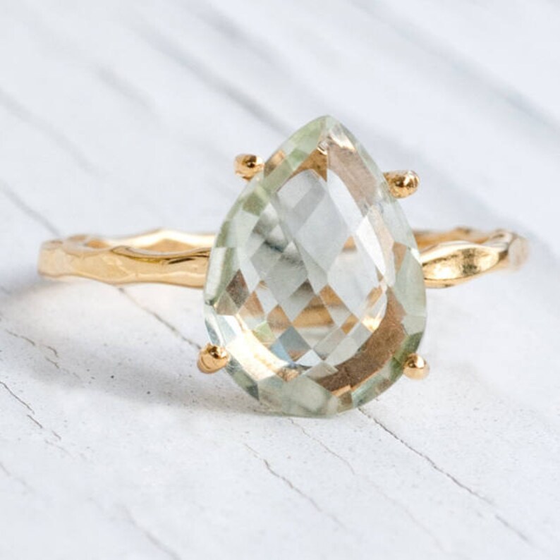 Green Amethyst Ring Gold Solitaire Ring Birthstone Ring