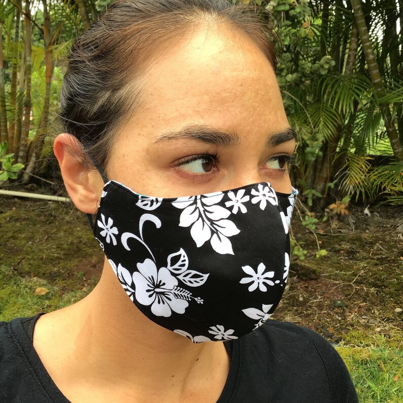 Hawaiian Print Face Mask Black Classic Reversible Adjustable