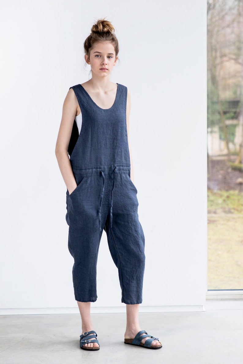 Loose Linen jumpsuit / Charcoal washed  linen jumpsuit /