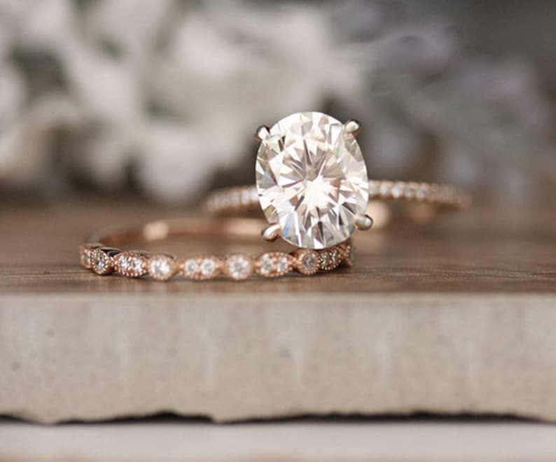 Rose Gold Engagement Ring Moissanite Oval 10x8mm and Diamond