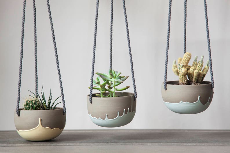 Small plant hanger turquoise and grey. Ceramic hanging
