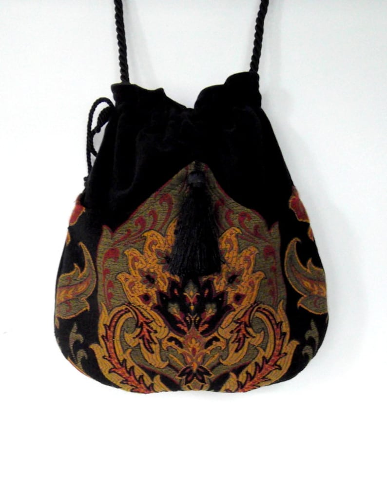 Tapestry Boho Bag  Drawstring Bag  Black Velvet Bag  Bohemian