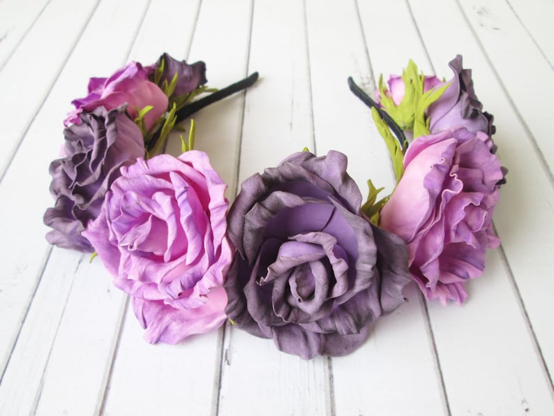 Halloween Hair Crown Purple Black Roses  Sugar Skull Flower