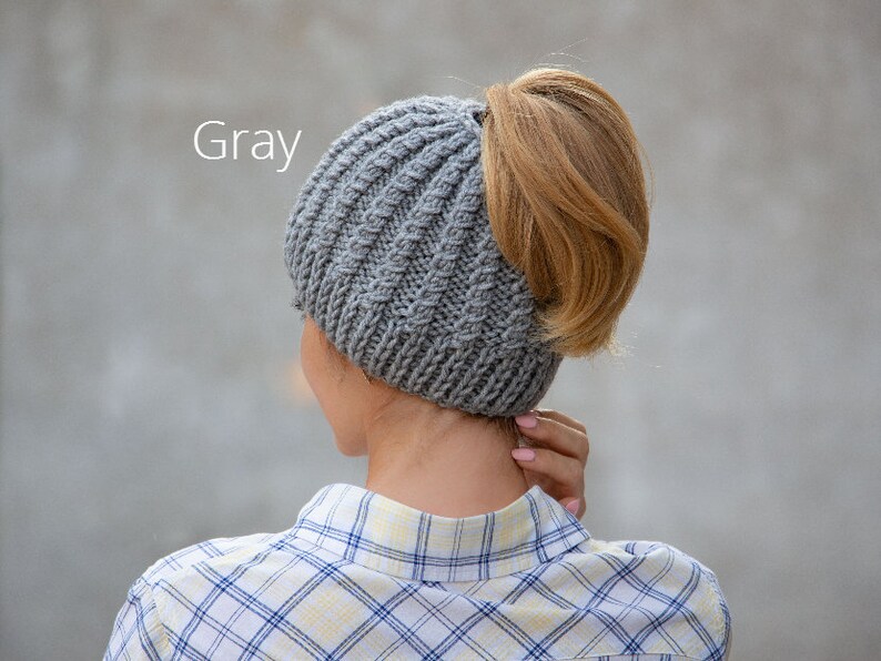 Knit ponytail beanie hat wool messy bun beanie gray pony tail