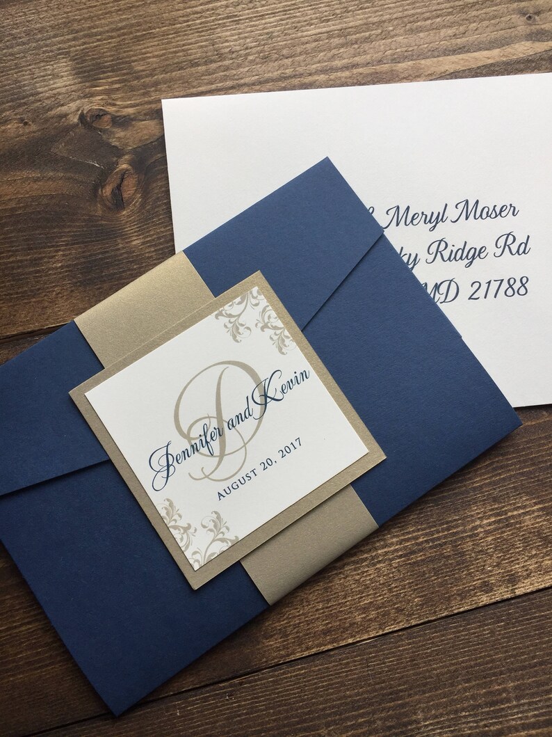 Pocket Wedding Invitations Navy and Gold Wedding Wedding