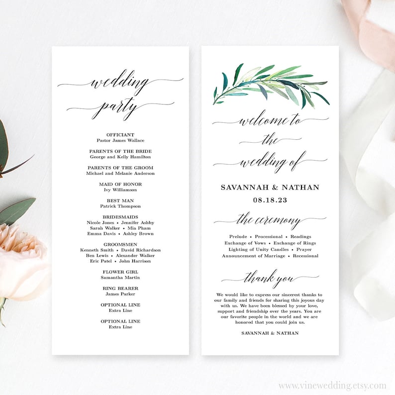 Printable wedding program template Greenery Wedding Programs