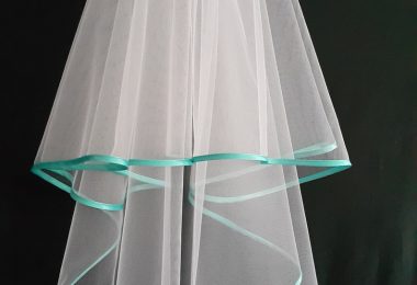 White Wedding Veil Two Layers Turquoise Satin Edging.