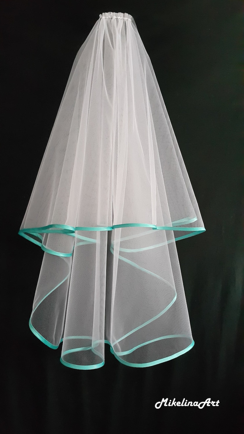 White Wedding Veil Two Layers Turquoise Satin Edging.