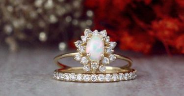 SET: Opal Engagement Ring and 1.9MM Diamond Band  Celestial