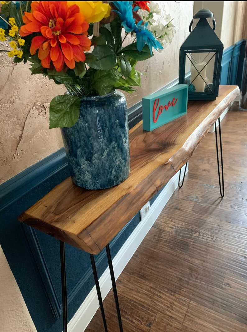 Walnut Live Edge Console Table with Industrial Hairpin Legs