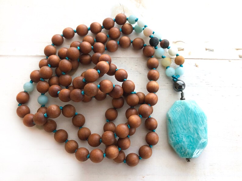 POSITIVE VIBRATIONS MALA  Sandalwood Mala Beads  Amazonite