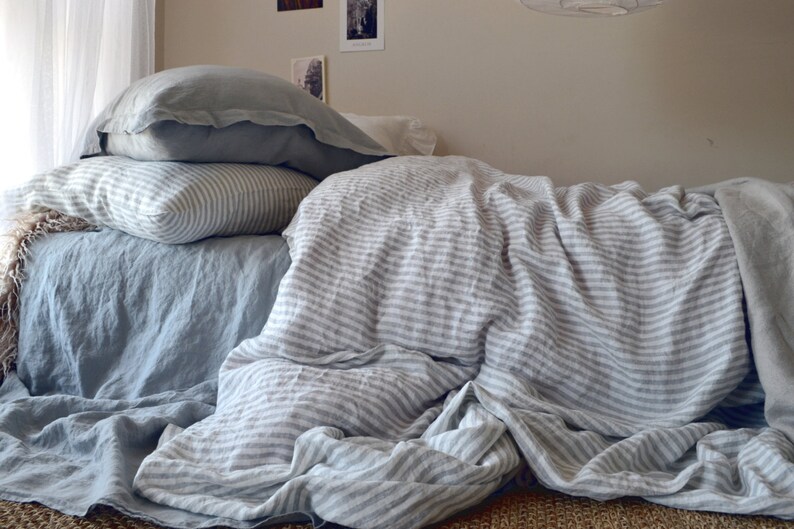 Pinstriped linen duvet cover. Gray and White stripes.
