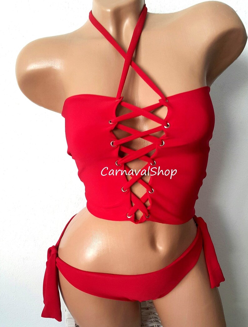 Swimwear Swimsuit Red Bikini Mayokini Set Bustier Full