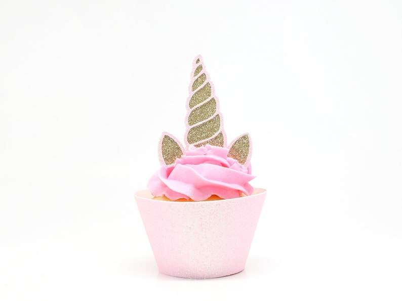 Unicorn Horn  Ears Cupcake Toppers  Gold  Light Pink