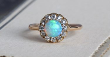 Antique Opal & Mine Cut Diamond Halo Cluster Ring 14k Yellow