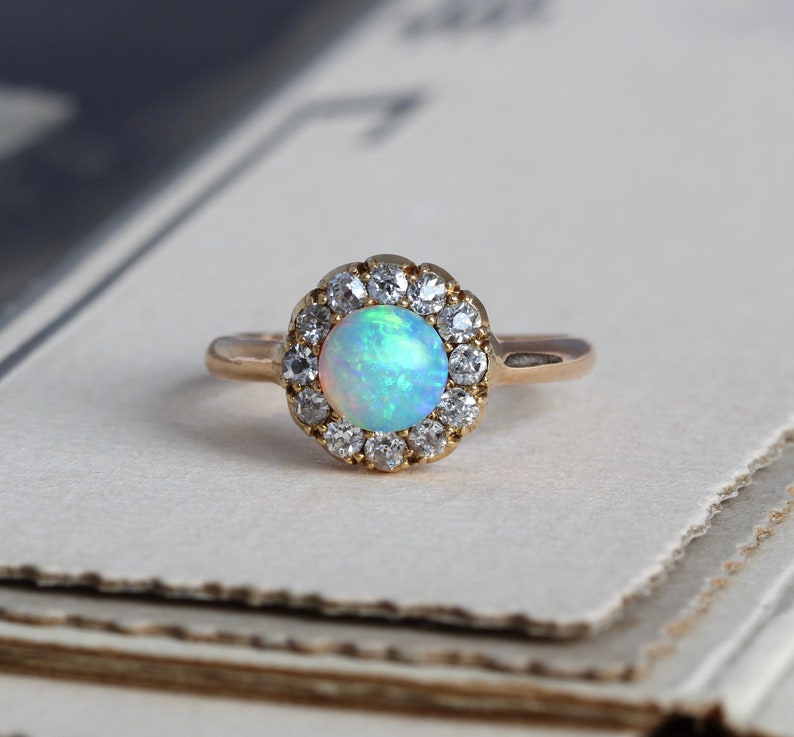 Antique Opal & Mine Cut Diamond Halo Cluster Ring 14k Yellow
