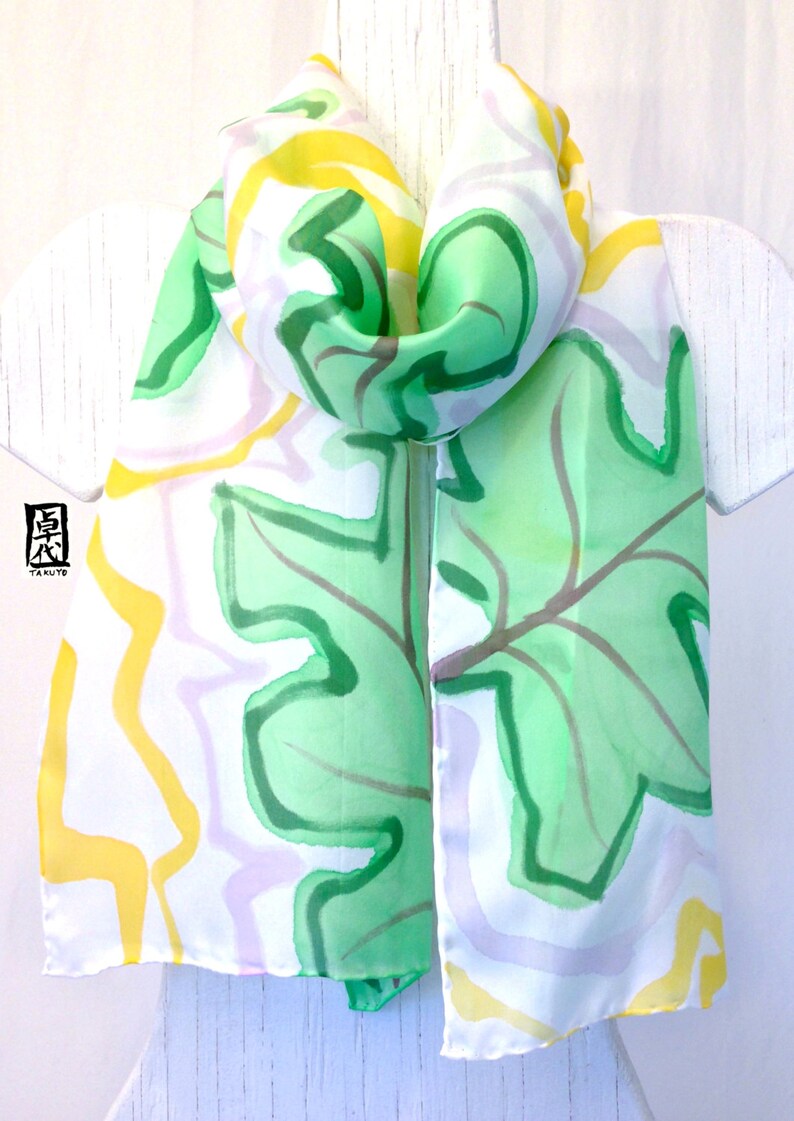 Handpainted Silk Scarf Women Silk Scarf Green White Silk