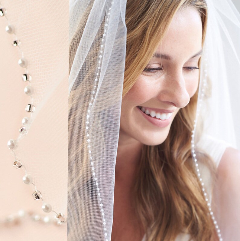 Pearl Bridal Veil Beaded Wedding Veil 1 Layer Veil Ivory