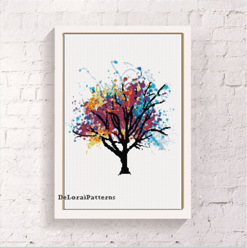 Rainbow tree cross stitch pattern. Watercolor tree cross
