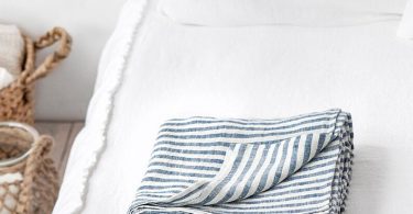 Blue Striped linen flat sheet. Queen King Custom size bed