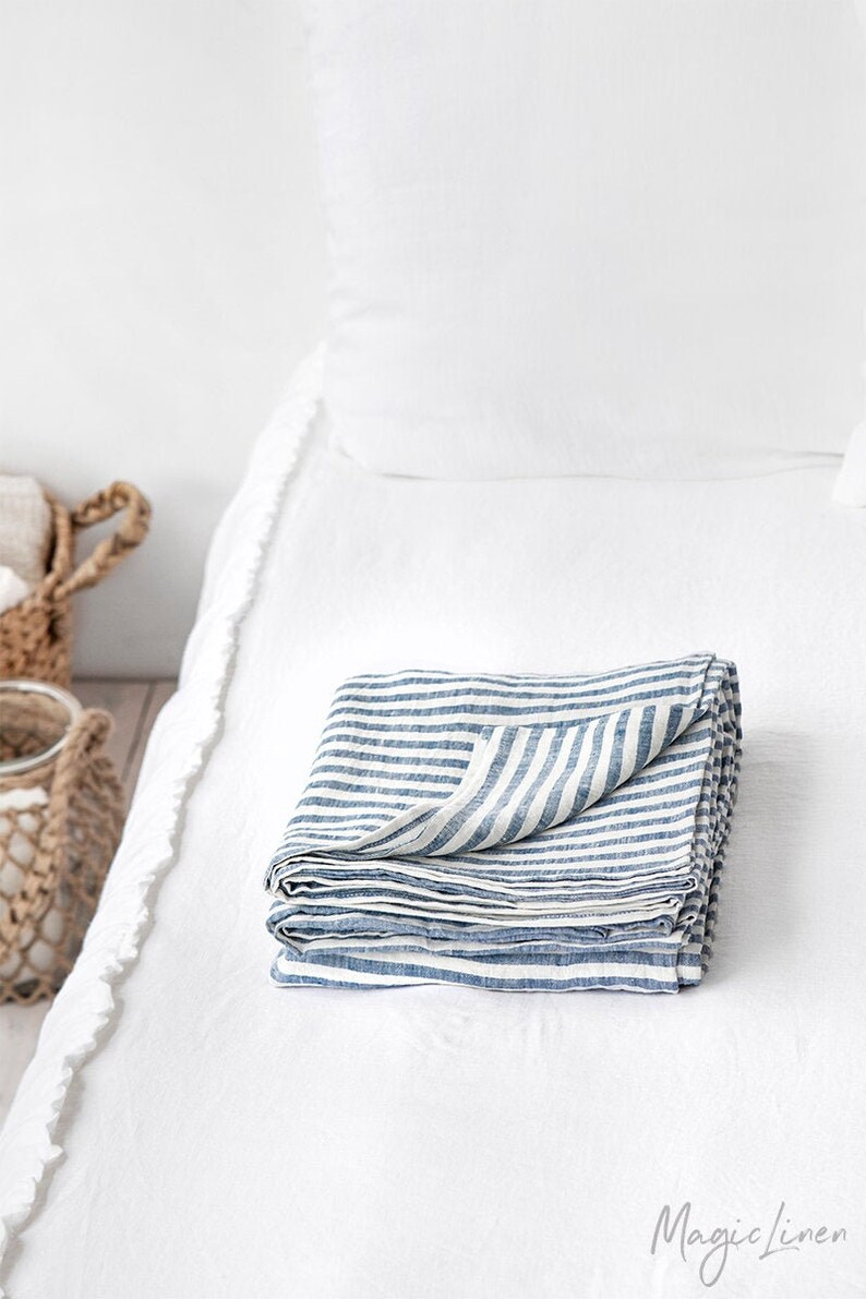 Blue Striped linen flat sheet. Queen King Custom size bed