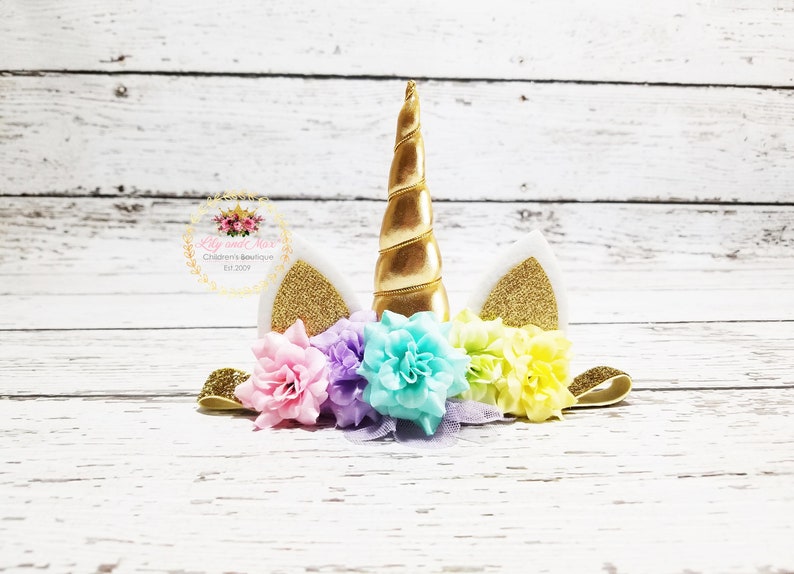 Pastel Rainbow Unicorn Headband rainbow and gold unicorn
