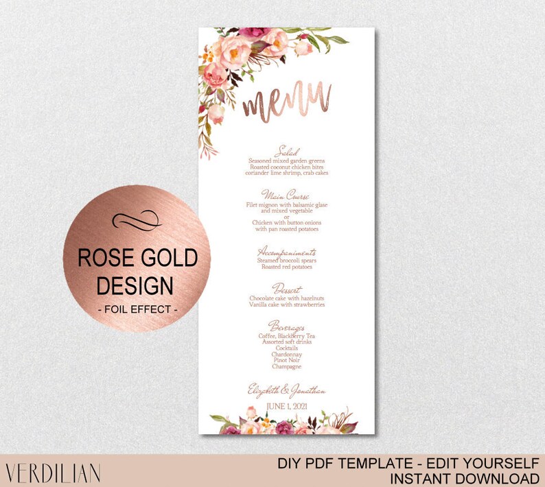 Rose Gold Floral Wedding Menu Template   Wedding Watercolor