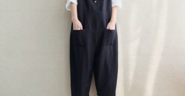 Women Loose Black Linen Jumpsuits Overalls Pants With Pockets