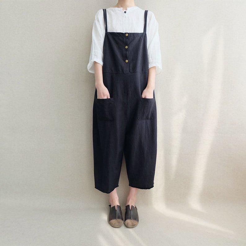Women Loose Black Linen Jumpsuits Overalls Pants With Pockets