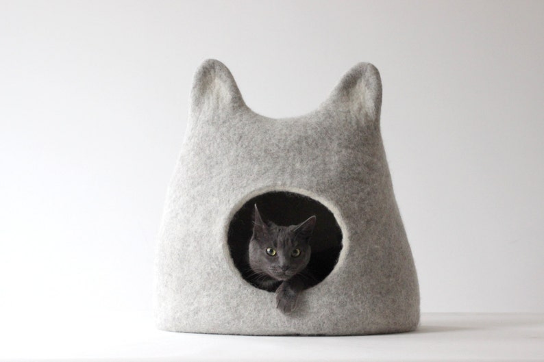 Wool cat bed cave felt cat house cat nap. Light grey wool cat